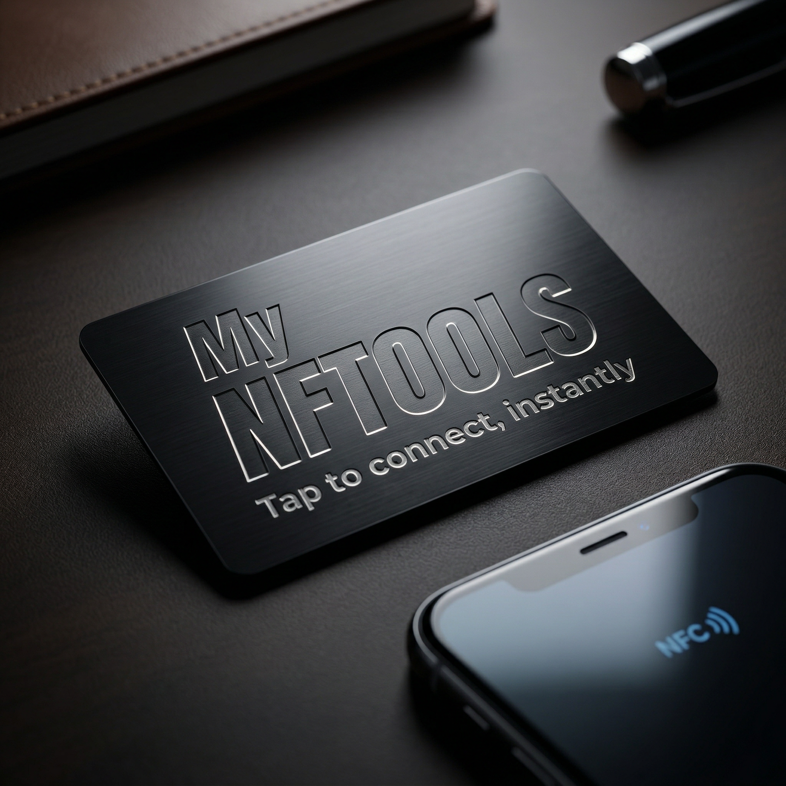 MyNFTools black NFC card photographed on a desk next to a phone